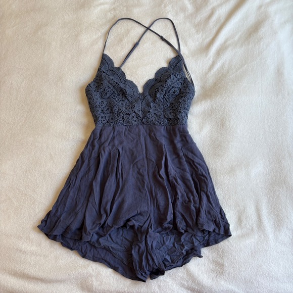 Lulu's Pants - Boho Crochet Lace Backless Romper Navy Blue Festival Summer Sun Dress Size M